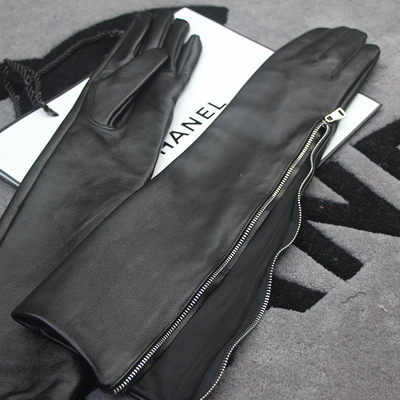 拉链臂套羊皮长款手套纯皮男女