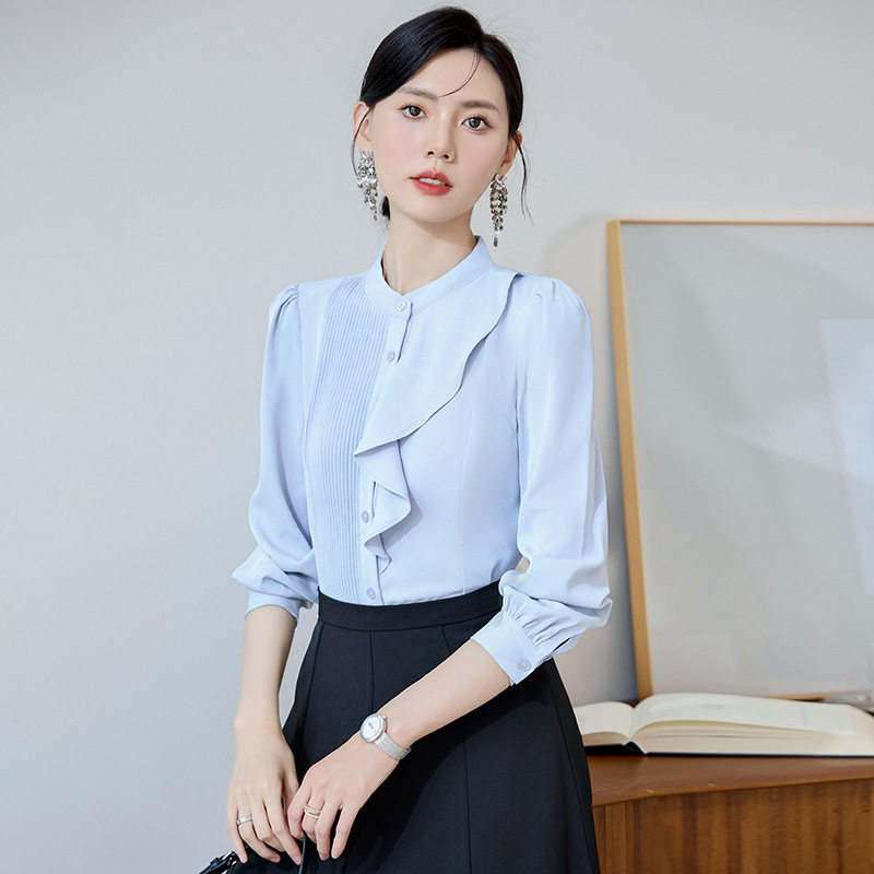 新款连体衬衣职业装长袖白衬衫2024气质通勤春白色连体衬衫雪纺衫