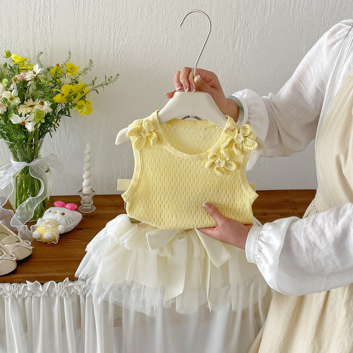 点兮婴幼儿毛线立体勾花背心宝宝甜美蝴蝶结公主网纱半身裙两件套