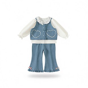 儿童三件套 爱心牛仔马甲花边领衬衣牛仔喇叭裤 YAYA童装 女童套装