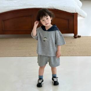 男童连帽条纹短袖T恤短裤套装宝宝夏装薄款韩版童装儿童夏季衣服