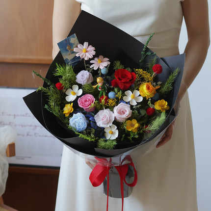 黑色真花永生花束小王子玫瑰生日礼物干花手办网红小红书同款