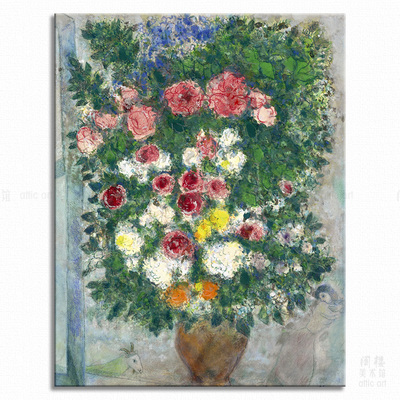 窗台鲜花夏加尔艺术风酒吧装饰画