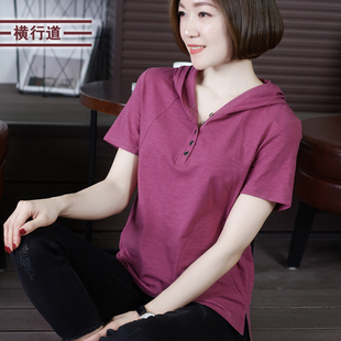 纯棉短袖t恤女士2024夏宽松中年妈妈带帽戴帽衫连帽卫衣半袖上衣