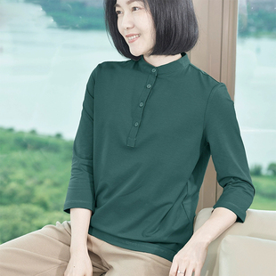 立领莫代尔棉中袖t恤女七分袖上衣打底衫宽松中年妈妈春夏装体恤
