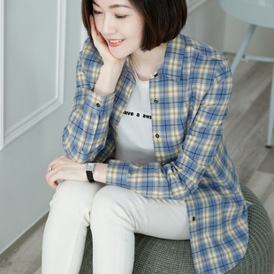 宽松全棉蓝色方格子衬衫外套黄色纯棉中年妈妈衬衣女长袖外穿百搭