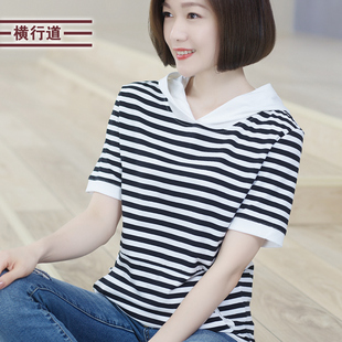 纯棉条纹短袖t恤女士2026夏宽松中年带帽戴帽衫连帽卫衣半袖上衣