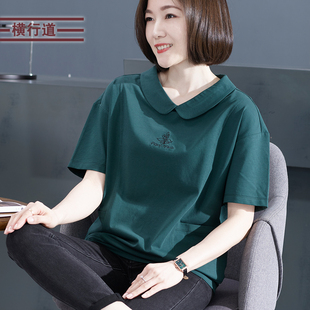 大码娃娃领棉短袖t恤女短款翻领宽松妈妈有领带领中年半袖上衣夏