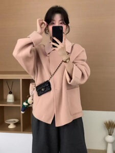 粉色毛呢外套女2023新款气质高级羊毛双面羊绒呢子小个子短款大衣