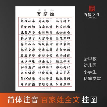 百家姓 全文注音大字无声挂图墙贴婴幼儿童识字国学早教尚贤文化