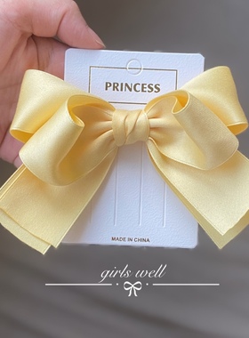亲子儿童哑光棉带淡黄色手工蝴蝶结发夹后脑勺夹边夹进口质感边夹
