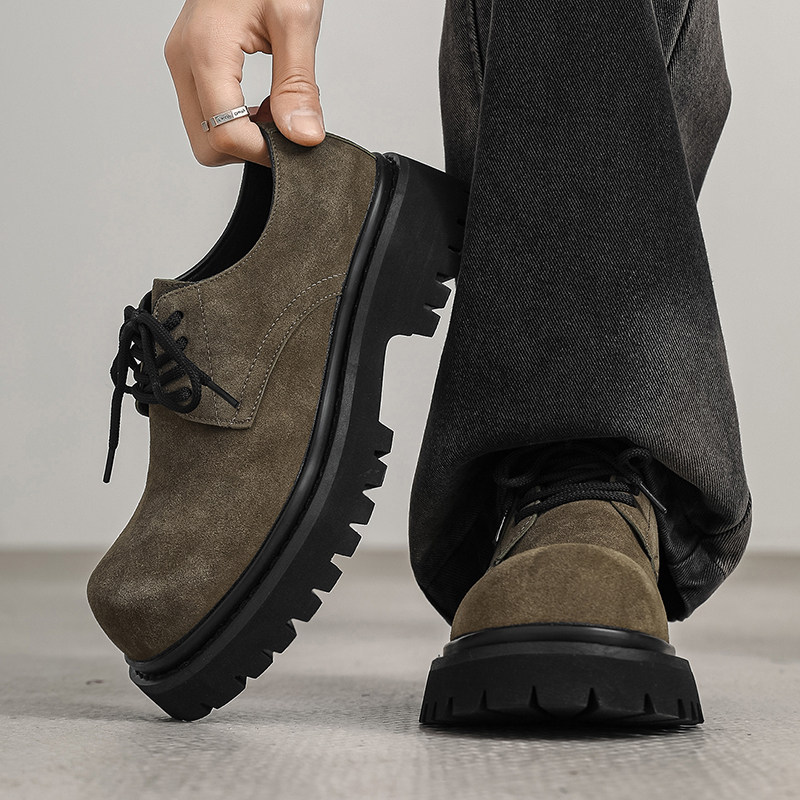 鞋子男款2026新款透气复古工装鞋大头厚底德比鞋翻毛皮低帮马丁靴