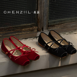 CHENZIIL塵茈 古典芭蕾 雾面绸缎 手工真皮底双扣带芭蕾舞玛丽珍