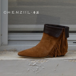 靴 复古真皮反绒及踝靴时装 CHENZIIL年终清仓 游牧艺术家流苏短靴