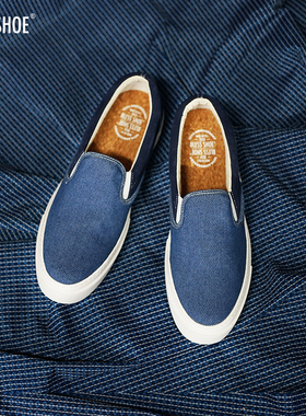 BLESS SHOE indigo 夏季新品蓝色低帮麂皮拼帆布懒人鞋手工鞋