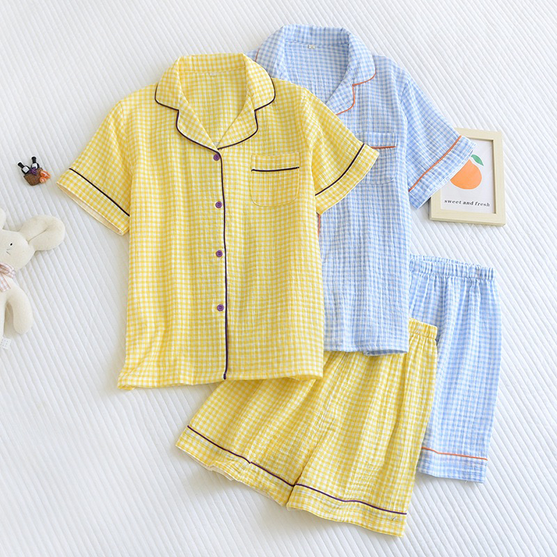 withtable 全棉纱布家居服套装方小格睡衣pland同款女夏季清新风