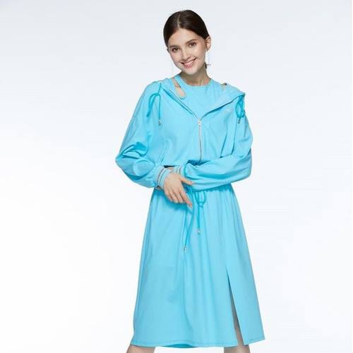 Hoii后益 明星同款防晒衣 连帽抽绳长版衬衫外套长款夏季时尚收腰