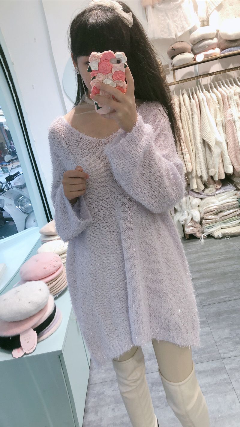 慵懒V领闪闪宽松亮丝长款针织衫