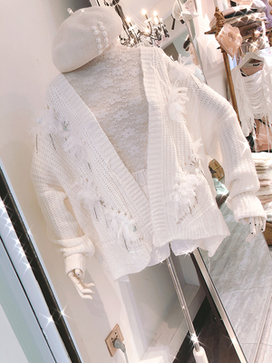 白色流苏亮片蕾丝中长款针织开衫