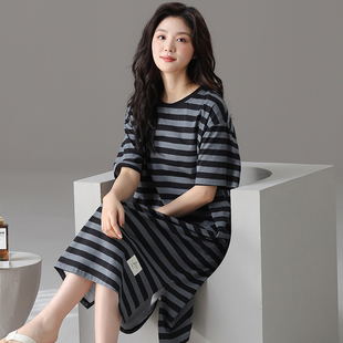 可爱女士性感睡衣女家居服夏天 纯棉睡裙女款 夏季 2025年款 条纹短袖