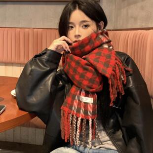 圣诞红色围巾女冬2025新款百搭高级感围脖加厚保暖学生千鸟格披肩