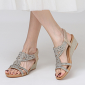 2026年夏季 新款 波西米亚民族风水钻大码 女士坡跟罗马凉鞋 露趾女鞋