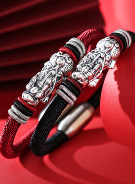 龙结手工编织金刚结貔貅手绳99足银复古做旧时尚男轻奢风潮感手链
