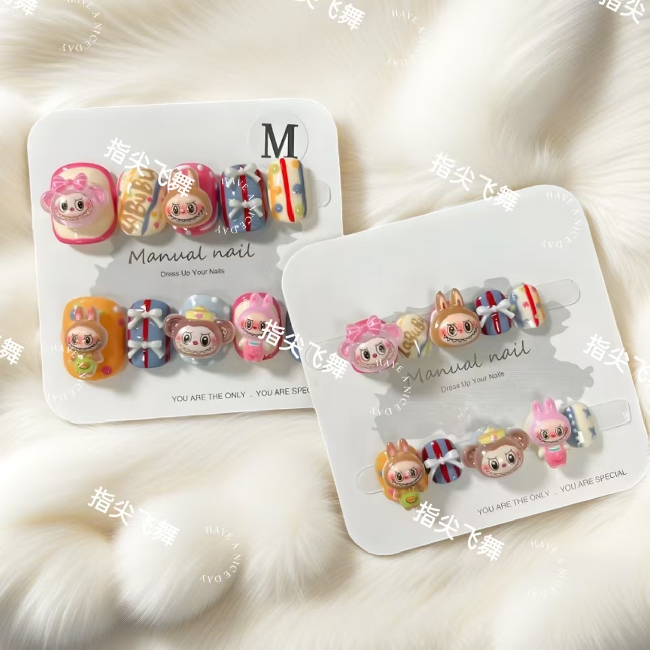 LABUBU亲子款儿童甲纯手工可爱卡通短圆穿戴美甲贴片可拆卸转圈