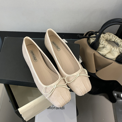 法式方头褶皱蝴蝶结平底鞋女2025新款绒面通勤百搭单鞋软底瓢鞋子