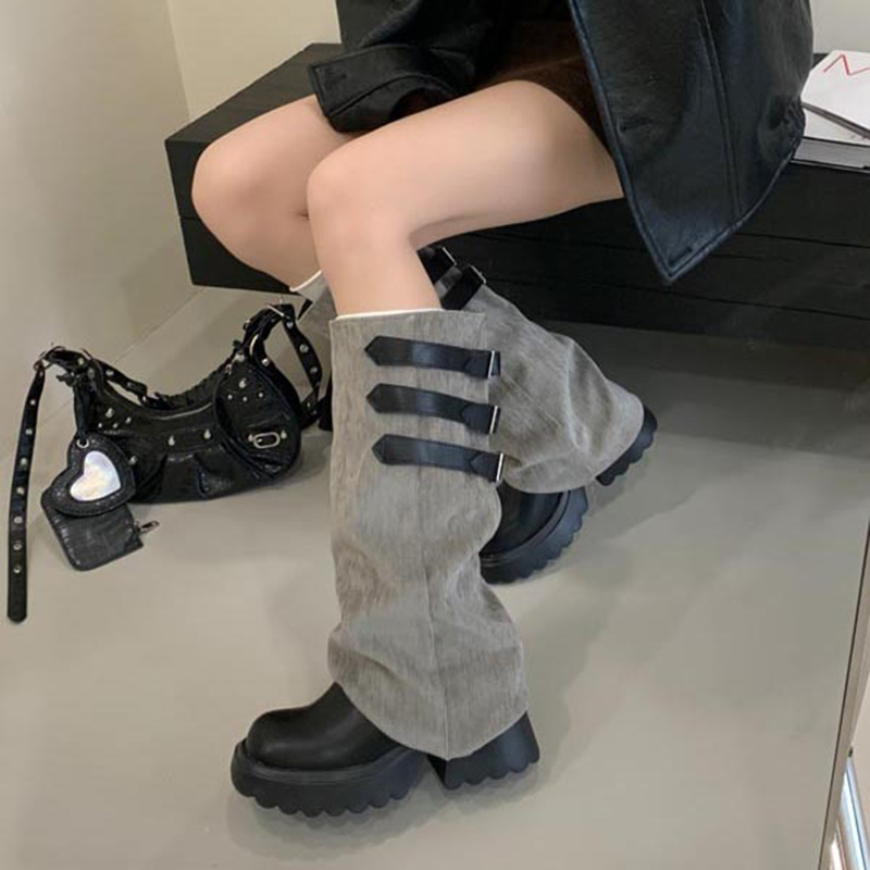 韩版反折裤管靴子女秋冬新品厚底粗跟增高高筒靴显瘦长靴子女靴