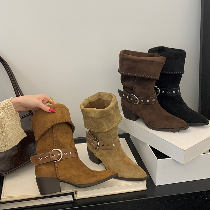 法式西部靴2穿可反折皮带扣粗跟堆堆靴尖头显瘦美拉德百搭中筒靴