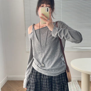 女2025秋不对称显瘦设计上衣 羊毛针织衫 薄荷里里斜肩露肩长袖 薄款