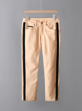 易网优选品质女装 日本订单轻奢品质女式纯棉条纹拼合身直筒7分裤