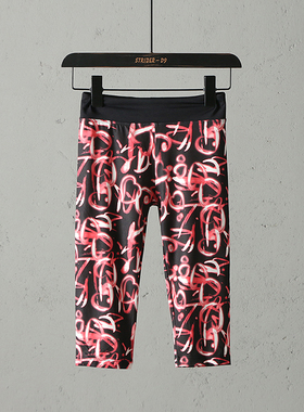 51SHOP童装 女童户外运动高弹速干花色春秋款松紧腰修身打底中裤