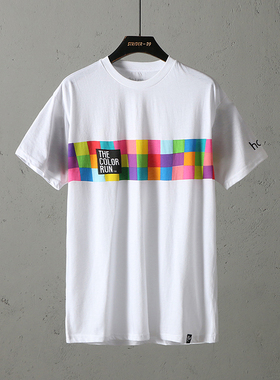 51SHOP 男女情侣彩色印花时尚运动圆领短袖T恤衫 彩跑款