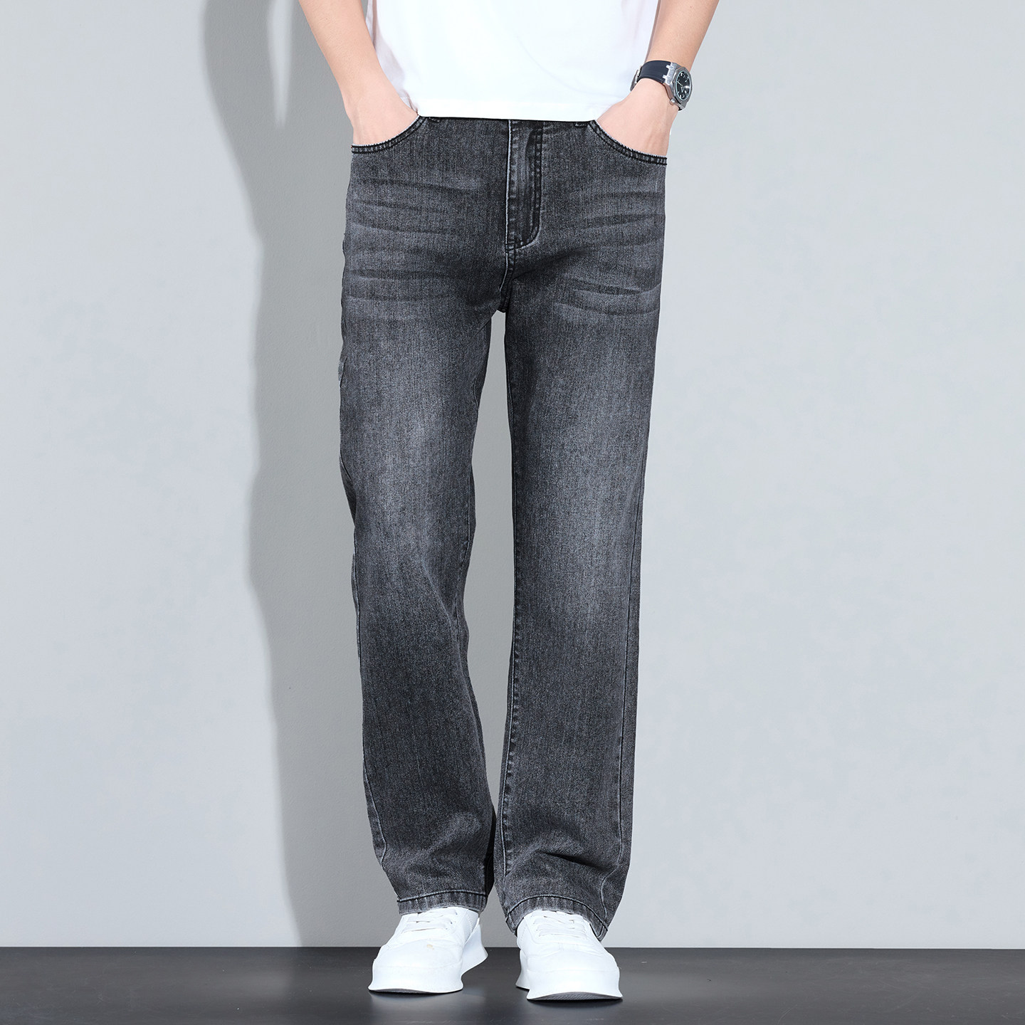 男士灰色水洗牛仔裤子潮流复古宽松直筒长裤百搭修身休闲裤基础款