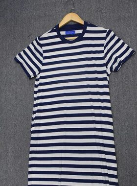 MIX家 欧美系 女装柔软面料条纹短袖长袖裙 蓝条粉条 2色