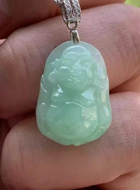 缅甸A货翡翠吊坠果绿色玉佛公弥勒佛布袋佛挂件S925银扣头项链