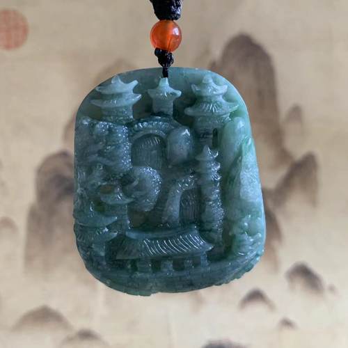 缅甸天然翡翠深蓝色山水牌挂件