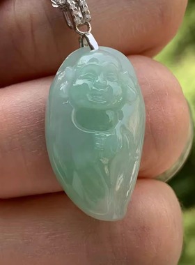 缅甸A货翡翠吊坠果绿色玉佛公弥勒佛布袋佛挂件S925银扣头项链