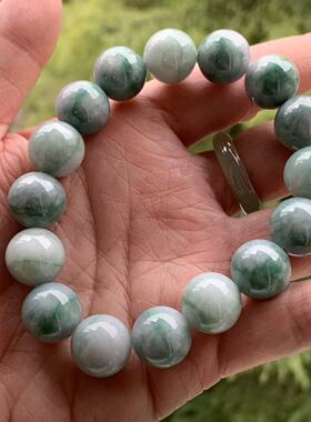 缅甸玉缅甸天然A货乌鸡手串灰色手串绿飘花一线天圆珠手串13.8mm