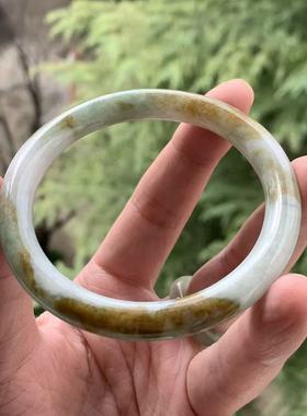 缅甸A货翡翠手镯军绿色底黄翡圆条手镯8.1/8.5/57.9mm一物一证