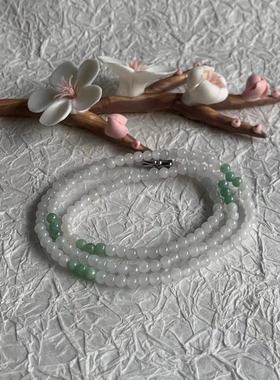 缅甸翡翠项链天然A货双彩绿色白色翡翠项链白色小米珠翡翠项链4mm