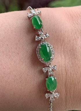 缅甸A货翡翠手链糯冰绿色蛋面镶嵌手链7.1~8.6mmS925银锆石镶嵌