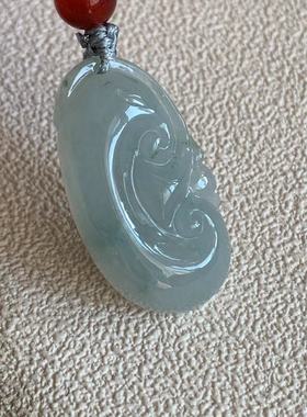 缅甸天然翡翠吊坠A货冰种淡蓝色白色晴底起胶如意挂件如意吊坠