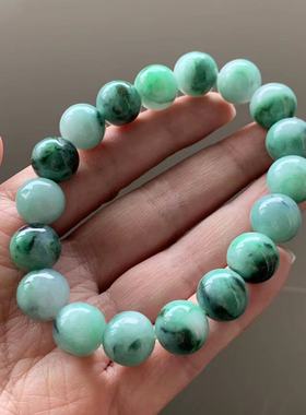 缅甸A货天然翡翠绿色飘色蓝色飘花圆珠小手串卡12.5mm一物一证