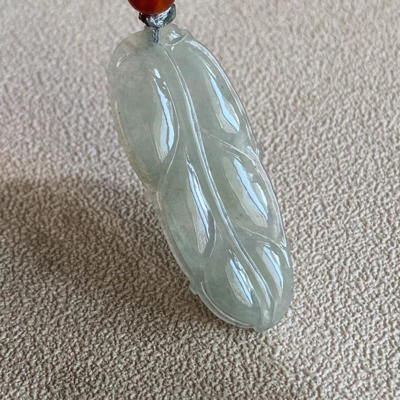 缅甸天然翡翠吊坠A货冰糯白色叶子挂件大业有成金枝玉叶叶子吊坠