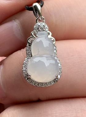 缅甸A货翡翠吊坠起胶白色葫芦挂件15/9.5/3.8mmS925银锆石镶嵌