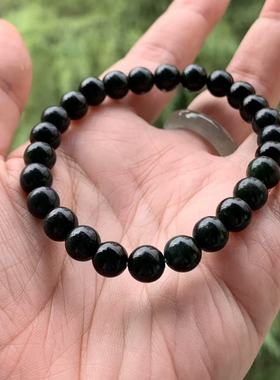 缅甸天然玉石手串黑色铁龙生绿色底玉石小手串玉石圆珠手串7.6mm