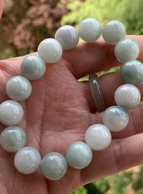 缅甸玉缅甸天然A货翡翠手串白色蓝色飘花圆珠手串13.3mm一物一证